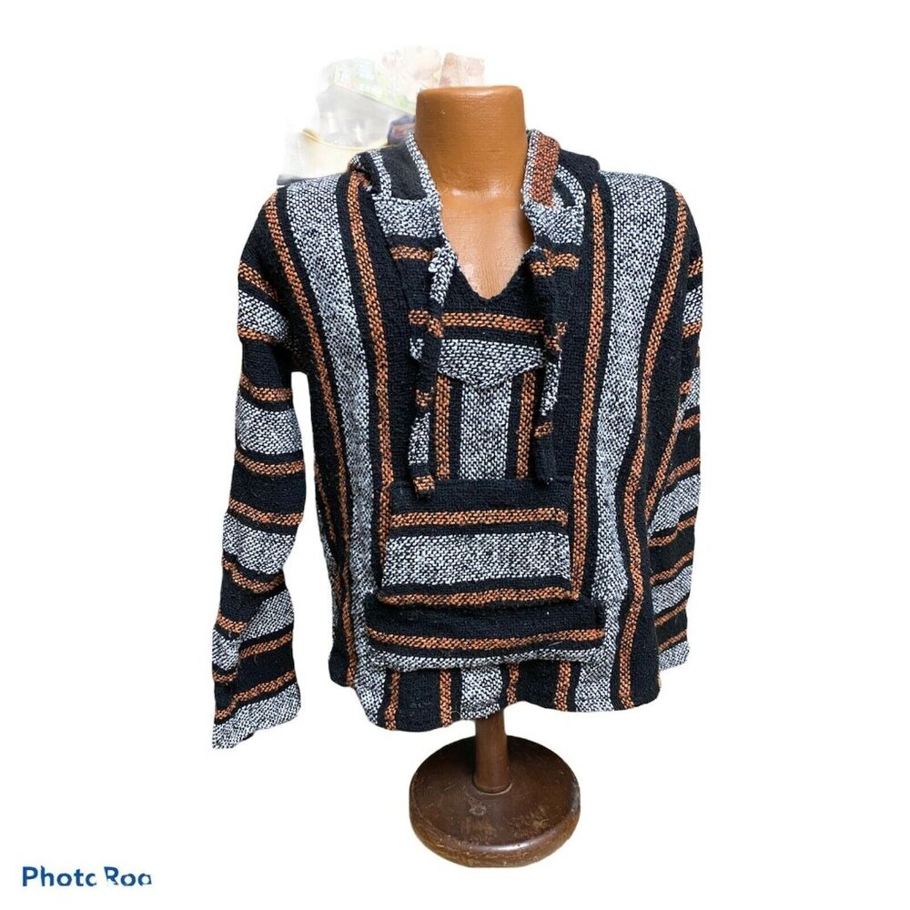 Artesanias Montex Baja Hoodie ‎ Sweater M Black White Orange Acrylic Pullover